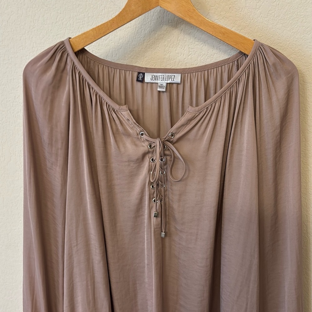 Jennifer Lopez Tie-Front Blouse Loose Silky Beige Tan Long Sleeve Top Size XL